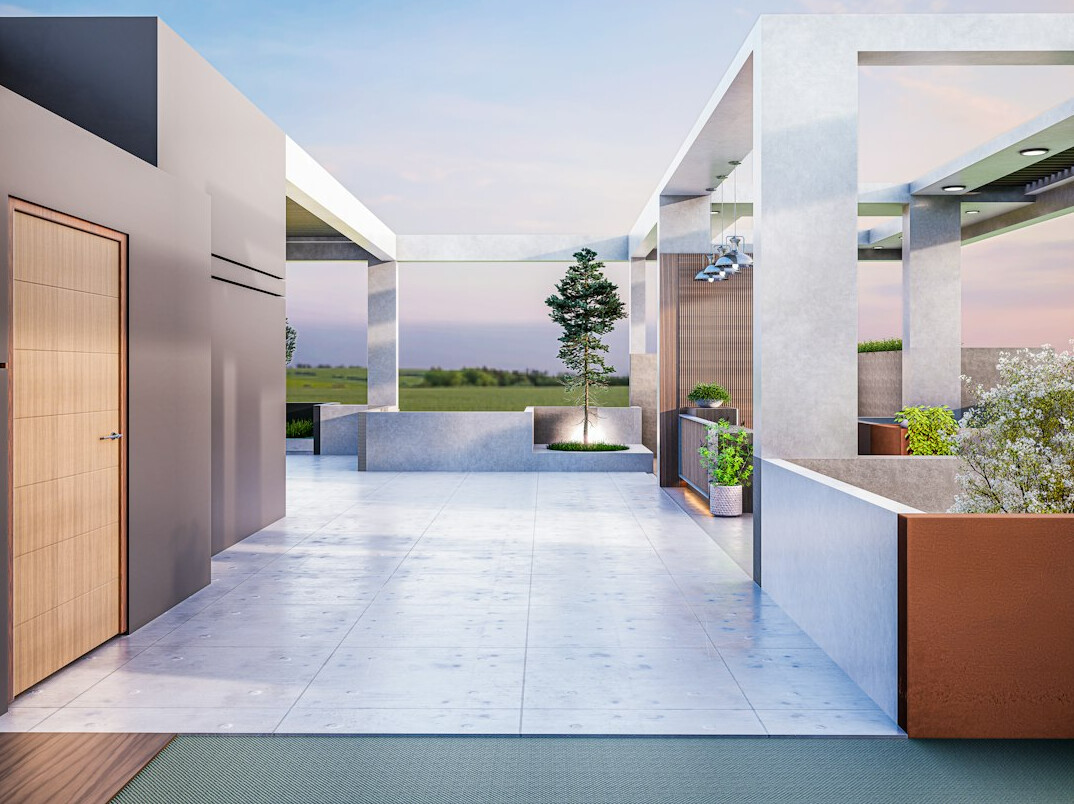 Modern villa exterior with large windows and a garden terrace